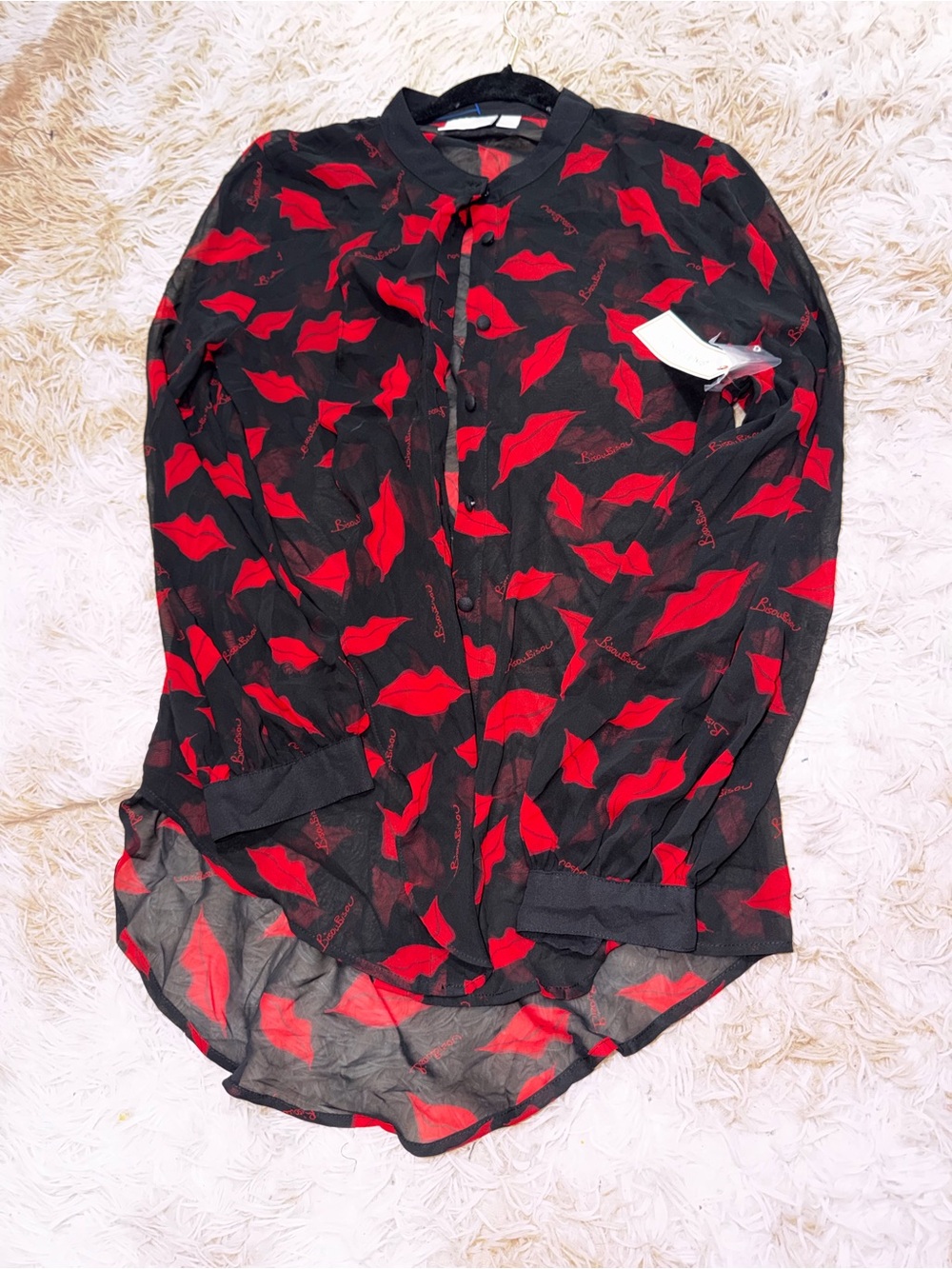 Bisou Bisou Black Sheer Blouse with Red Lip Motif